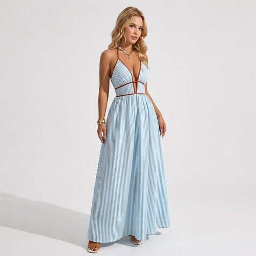 Katch Me Chic Women's Elegant Pinstripe Deep V Neckline Adjustable Halter Maxi Dress,  Summer Lightweight Dresses for Beach Holiday, Comfort Women's Clothing Vneck