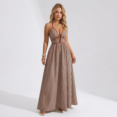 Katch Me Chic Women's Elegant Pinstripe Deep V Neckline Adjustable Halter Maxi Dress,  Summer Lightweight Dresses for Beach Holiday, Comfort Women's Clothing Vneck - Color: Brown, Size: S(US4/6)